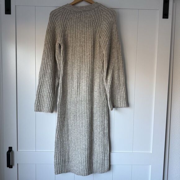 Boho Rib-Knit Wide Sleeves Midi Sweater Dress Sz S H&M Beige Cream Heather Wool - Picture 2 of 10